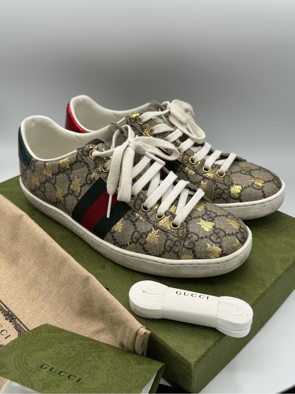 Gucci Sz 37 Ace GG Supreme Bee Canvas Logo Lace Up Sneakers Designer Luxury